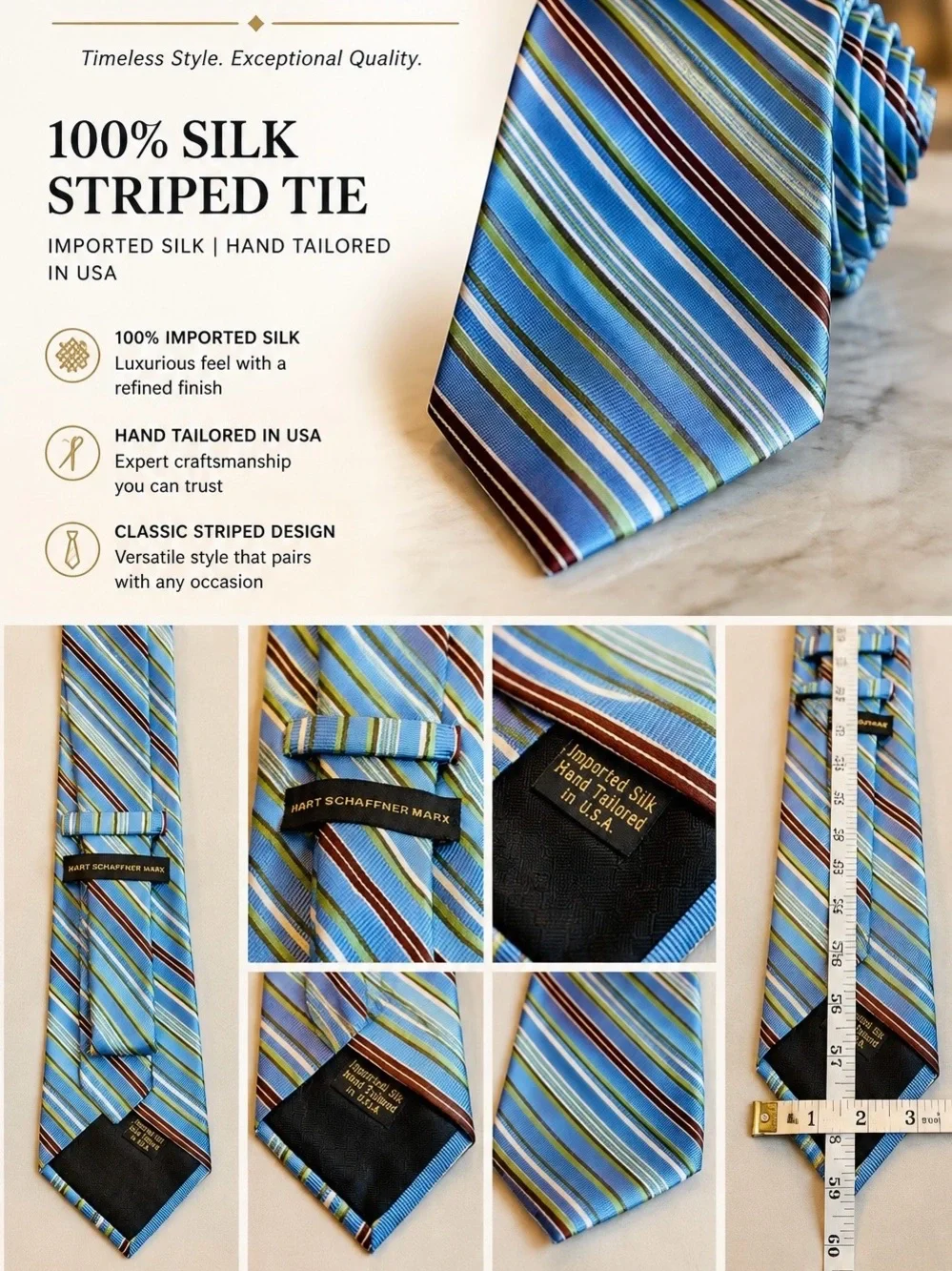 Hart Schaffner Marx Light Blue, Navy and Green Striped Silk Tie
